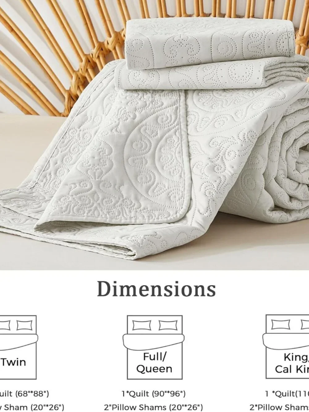 Cream Embossed Reversible Lightweight 3-Piece Full Quilt Set
